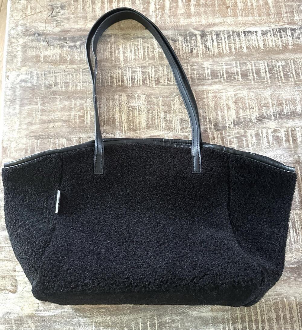 Neiman Marcus Faux Shearling Reversible Vegan Leather Black Tote Bag Women’s
